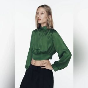 Zara Women’s Beaded Satin Effect Crop Top Long Sleeve Blouse Green Size XS NWT